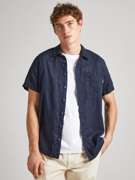 Pepe Jeans Tmavomodrá pánska ľanová košeľa s krátkym rukávom Pepe Jeans
