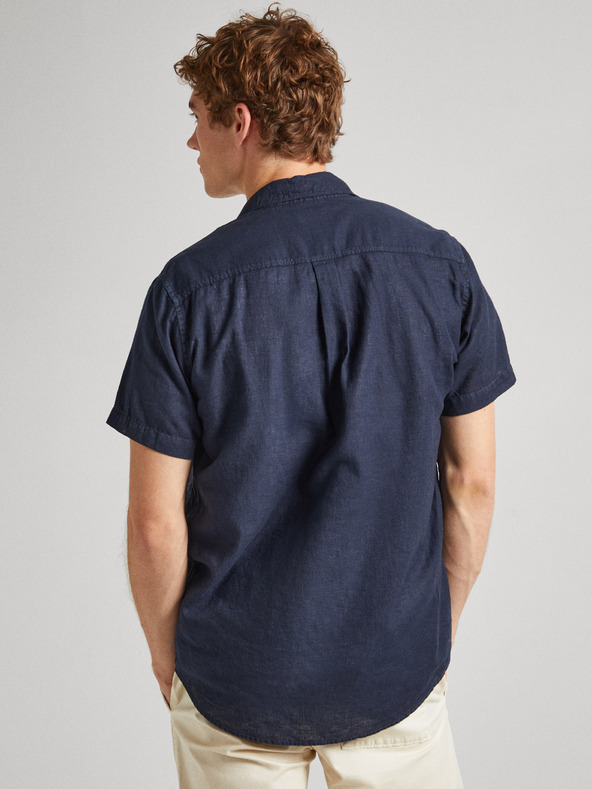 Pepe Jeans Tmavomodrá pánska ľanová košeľa s krátkym rukávom Pepe Jeans