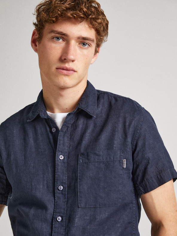 Pepe Jeans Tmavomodrá pánska ľanová košeľa s krátkym rukávom Pepe Jeans