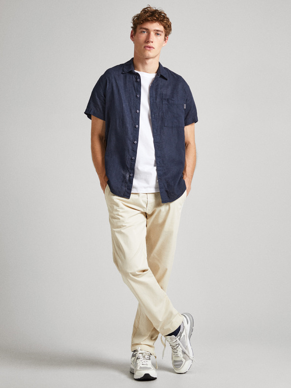 Pepe Jeans Tmavomodrá pánska ľanová košeľa s krátkym rukávom Pepe Jeans