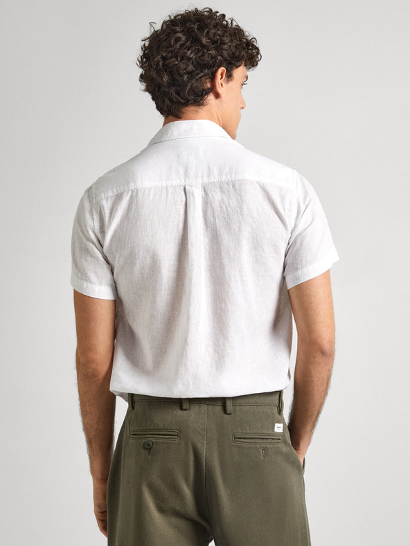 Pepe Jeans Biela pánska ľanová košeľa s krátkym rukávom Pepe Jeans