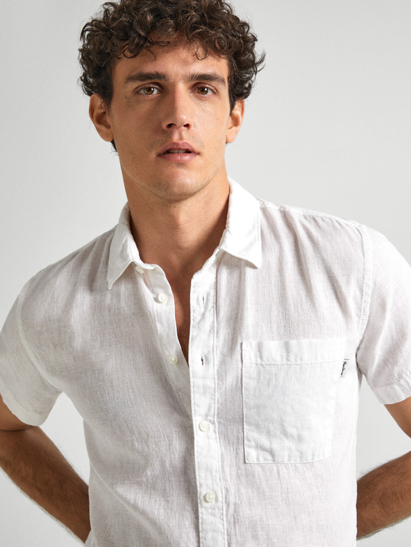 Pepe Jeans Biela pánska ľanová košeľa s krátkym rukávom Pepe Jeans