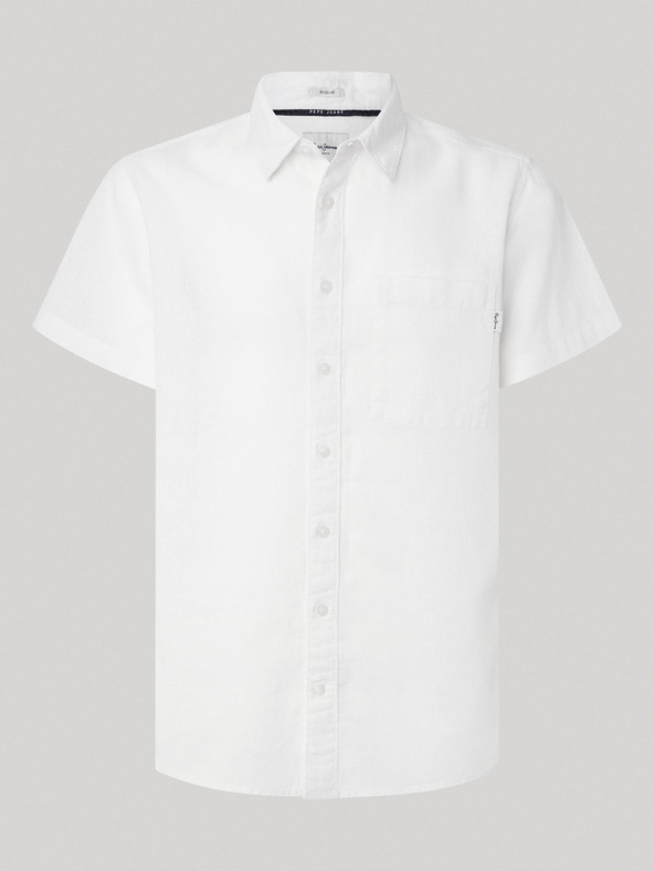 Pepe Jeans Biela pánska ľanová košeľa s krátkym rukávom Pepe Jeans
