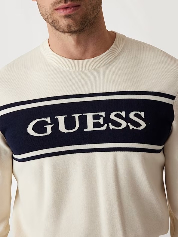 Guess Jeans Pánsky biely sveter s pruhom Guess jeans