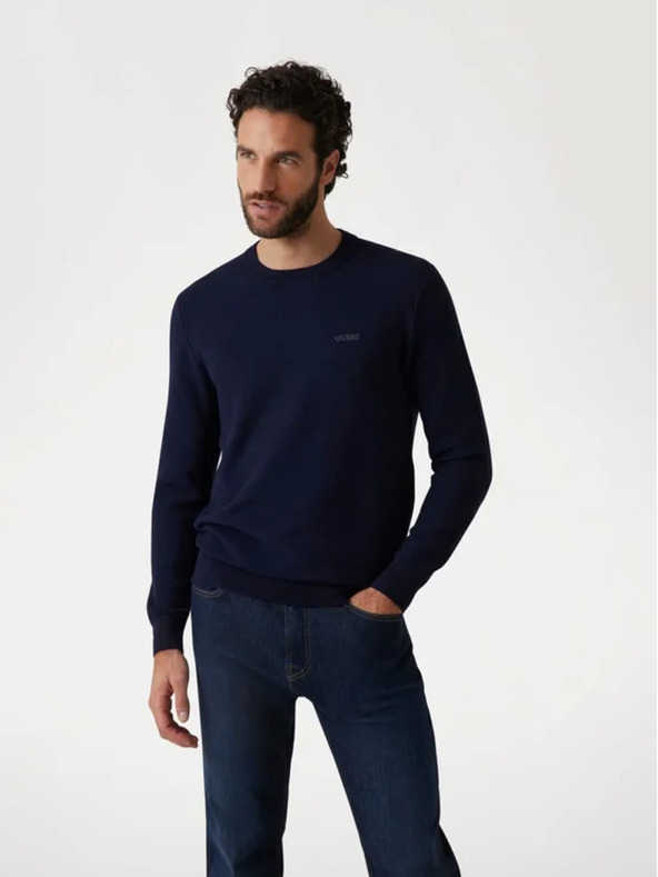 Guess Jeans Pánsky tmavomodrý sveter s vyšitým logom Guess jeans