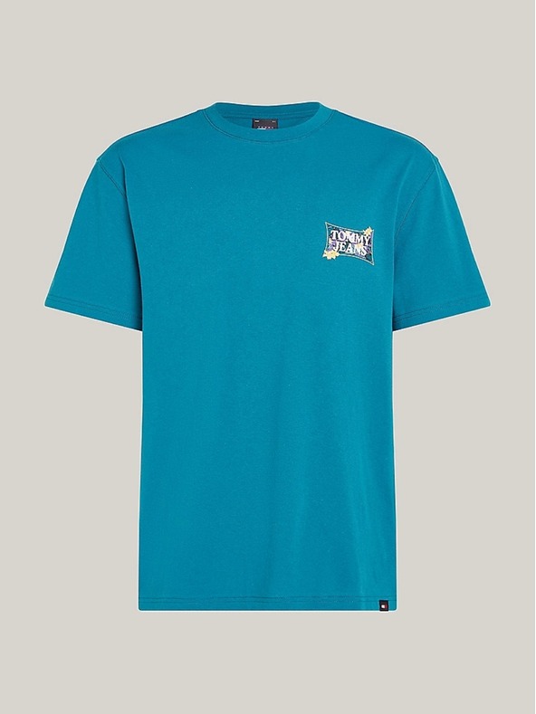Tommy Jeans Pánske modré tričko s potlačou Tommy Jeans Timeless Teal