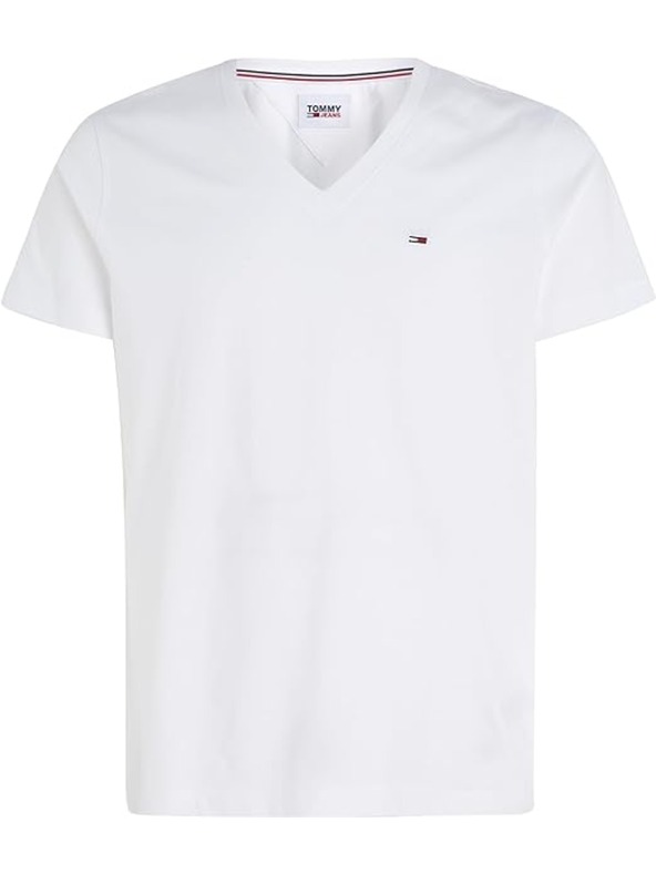 Tommy Jeans Pánske biele tričko Tommy Jeans V-Neck T-Shirt 100 Classic White