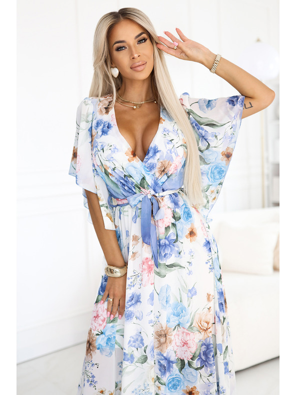 numoco Vzdušné zavinovacie maxi šaty s kvetinovým vzorom modré ruže