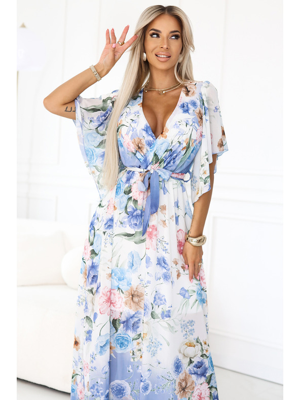 numoco Vzdušné zavinovacie maxi šaty s kvetinovým vzorom modré ruže