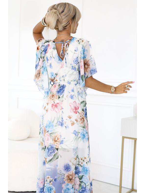 numoco Vzdušné zavinovacie maxi šaty s kvetinovým vzorom modré ruže