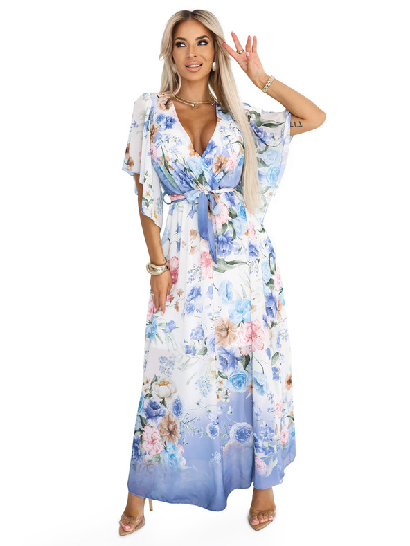 numoco Vzdušné zavinovacie maxi šaty s kvetinovým vzorom modré ruže