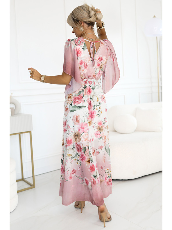 numoco Vzdušné zavinovacie maxi šaty s kvetinovým vzorom ružové ruže