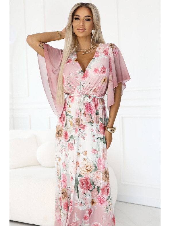 numoco Vzdušné zavinovacie maxi šaty s kvetinovým vzorom ružové ruže