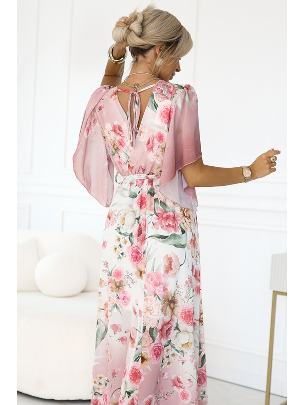 numoco Vzdušné zavinovacie maxi šaty s kvetinovým vzorom ružové ruže
