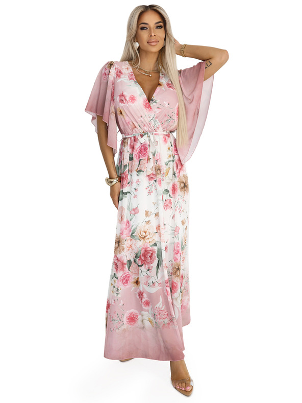 numoco Vzdušné zavinovacie maxi šaty s kvetinovým vzorom ružové ruže