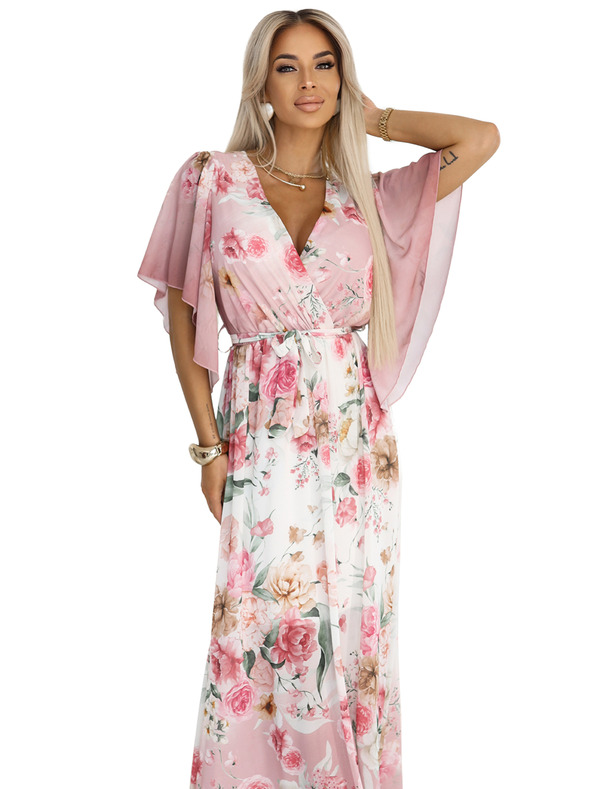 numoco Vzdušné zavinovacie maxi šaty s kvetinovým vzorom ružové ruže