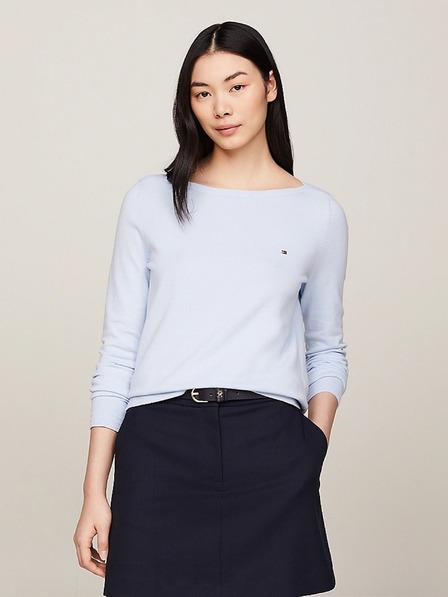 Tommy Hilfiger Dámsky svetlemodrý jemne pletený sveter s lodičkovým výstrihom Tommy Hilfiger