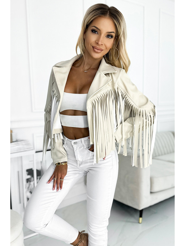 numoco Krátka béžová bunda s strapcami z jemnej eko kože