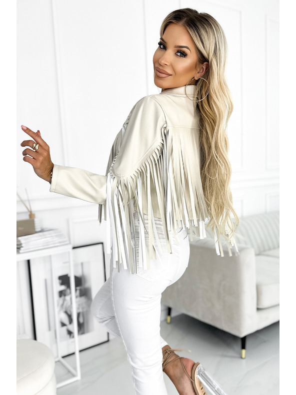 numoco Krátka béžová bunda s strapcami z jemnej eko kože