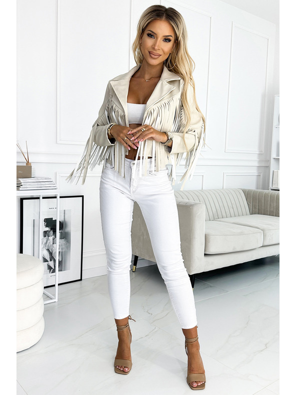 numoco Krátka béžová bunda s strapcami z jemnej eko kože