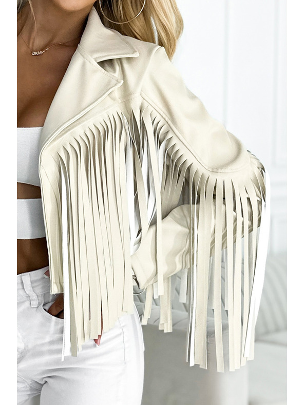 numoco Krátka béžová bunda s strapcami z jemnej eko kože