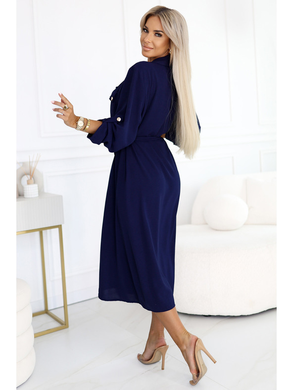 numoco Midi košeľové šaty so zlatými gombíkmi a kravatou