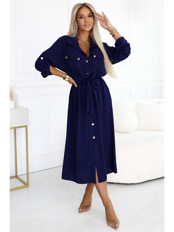 numoco Midi košeľové šaty so zlatými gombíkmi a kravatou