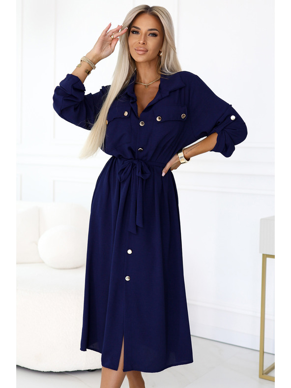 numoco Midi košeľové šaty so zlatými gombíkmi a kravatou