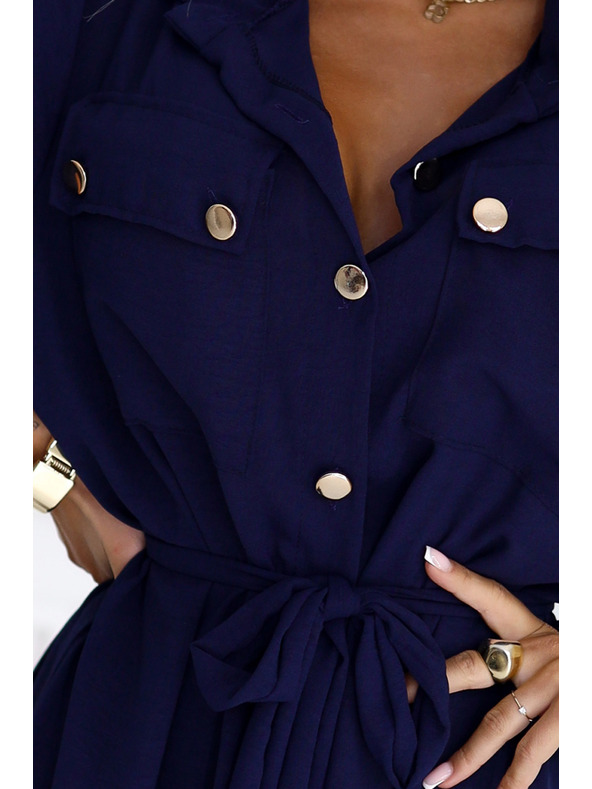 numoco Midi košeľové šaty so zlatými gombíkmi a kravatou