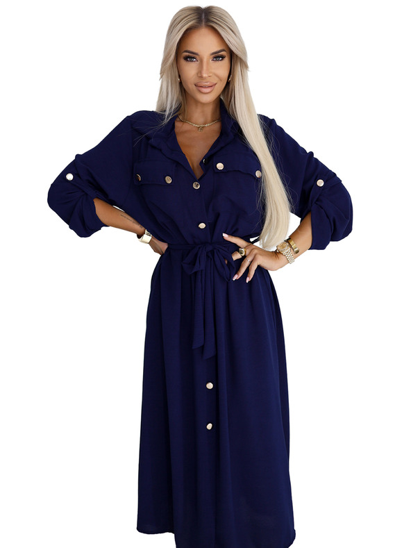 numoco Midi košeľové šaty so zlatými gombíkmi a kravatou