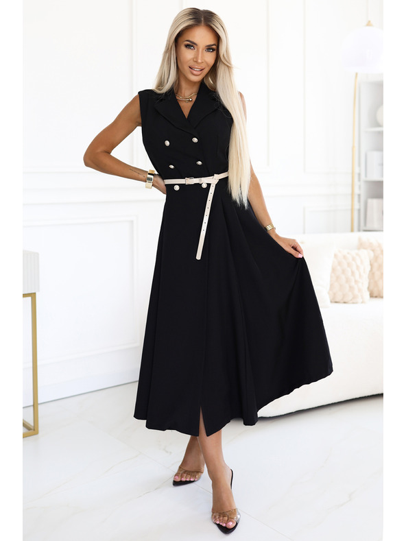 numoco Elegantné midi košeľové šaty so zlatými gombíkmi a pásom