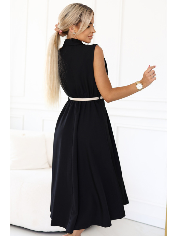 numoco Elegantné midi košeľové šaty so zlatými gombíkmi a pásom