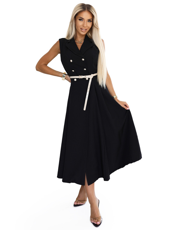 numoco Elegantné midi košeľové šaty so zlatými gombíkmi a pásom