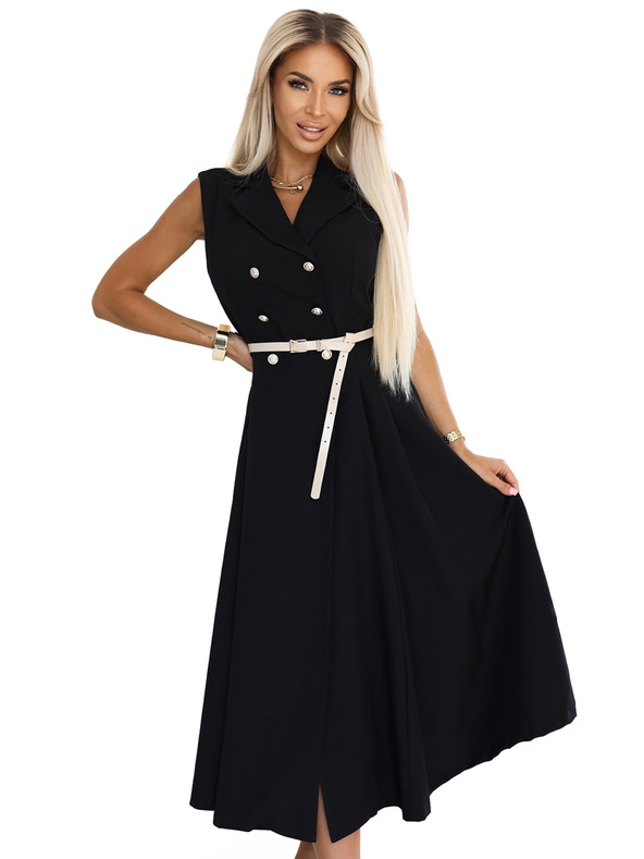 numoco Elegantné midi košeľové šaty so zlatými gombíkmi a pásom