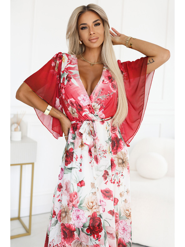 numoco Vzdušné zaväzovacie maxi šaty s kvetinovým vzorom červené ruže
