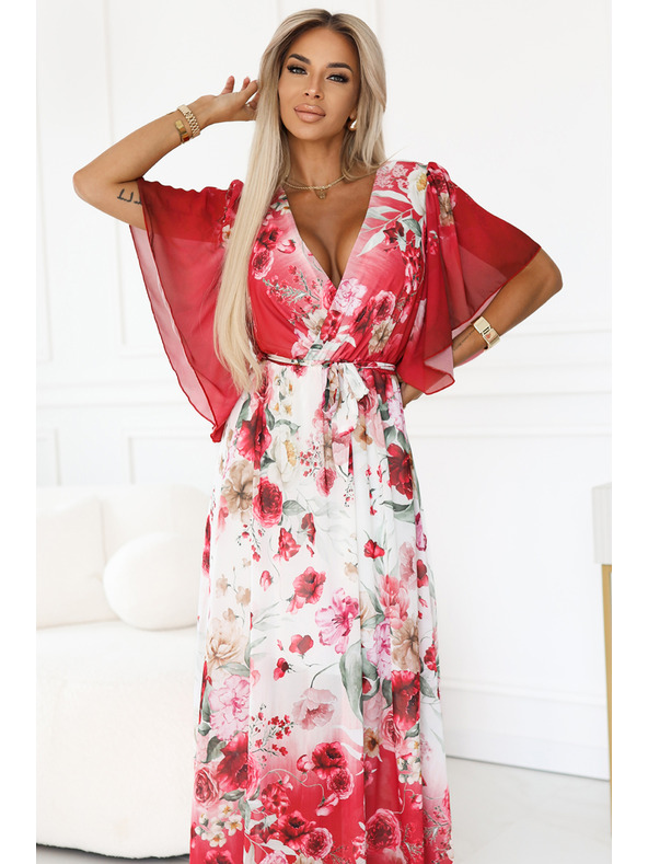 numoco Vzdušné zaväzovacie maxi šaty s kvetinovým vzorom červené ruže