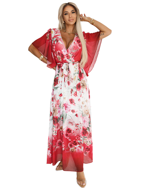 numoco Vzdušné zaväzovacie maxi šaty s kvetinovým vzorom červené ruže