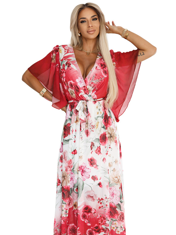 numoco Vzdušné zaväzovacie maxi šaty s kvetinovým vzorom červené ruže