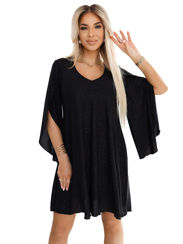 numoco Elegantné šaty s motýlikovými rukávmi - čierne so trblietkami