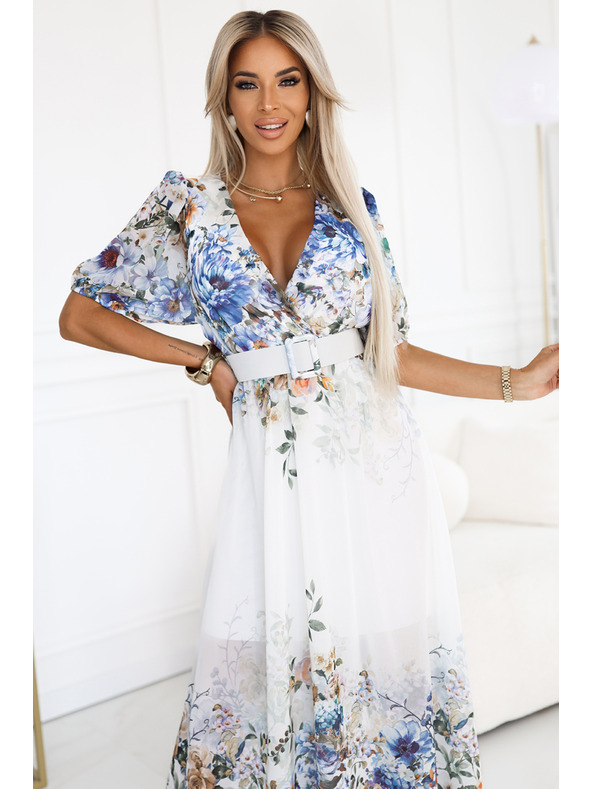 numoco Vzdušné maxi šaty CELINA s výstrihom do V, páskom a kvetinovým ombré vzorom