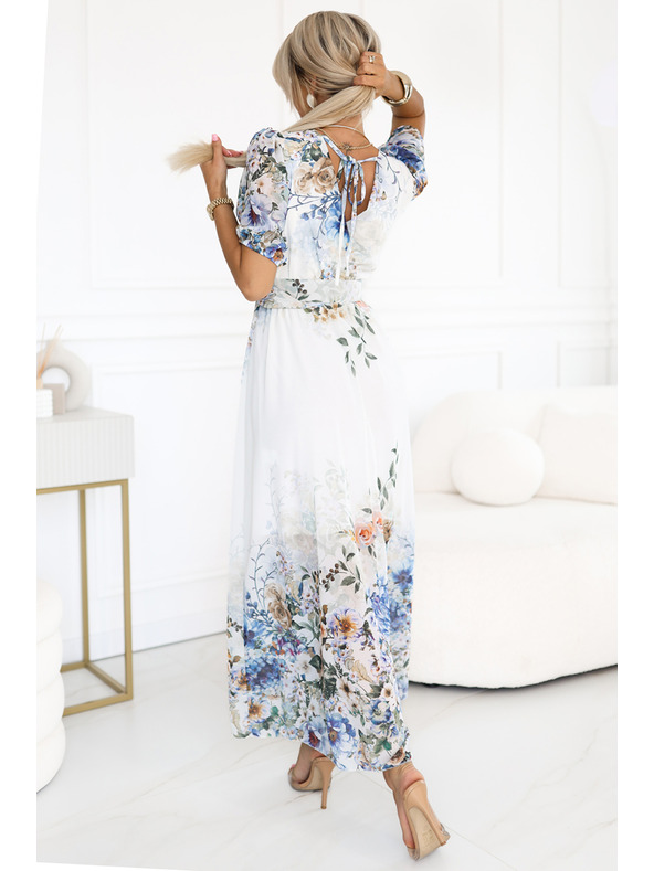 numoco Vzdušné maxi šaty CELINA s výstrihom do V, páskom a kvetinovým ombré vzorom