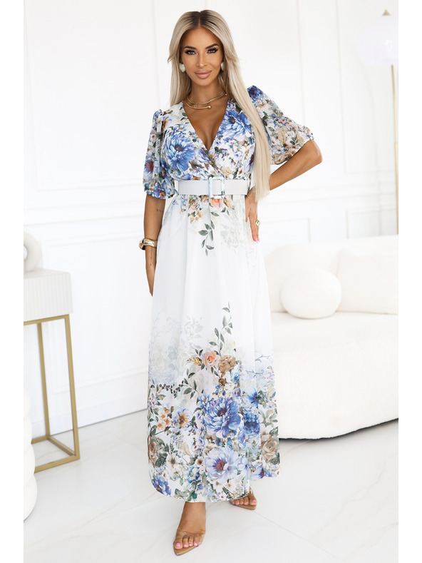 numoco Vzdušné maxi šaty CELINA s výstrihom do V, páskom a kvetinovým ombré vzorom