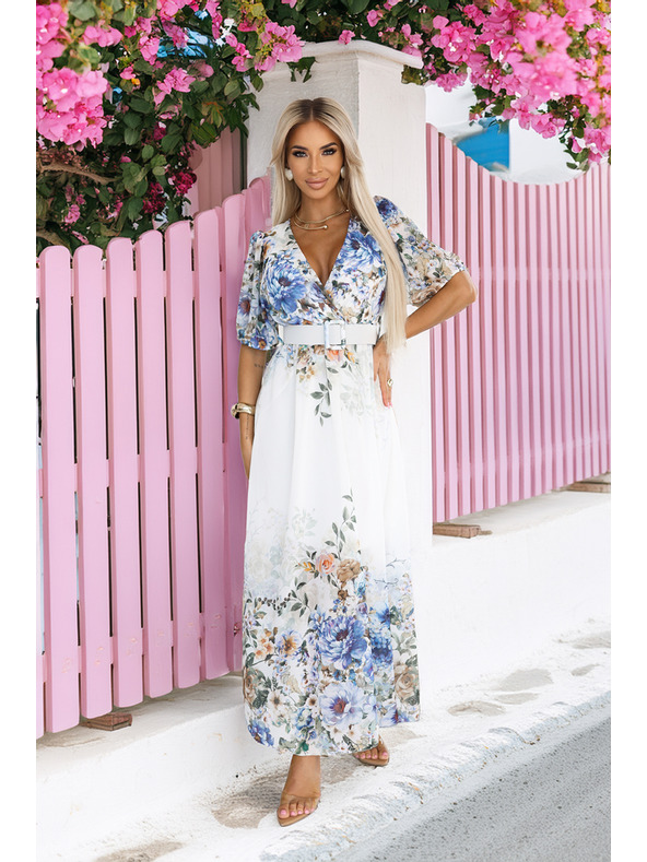 numoco Vzdušné maxi šaty CELINA s výstrihom do V, páskom a kvetinovým ombré vzorom