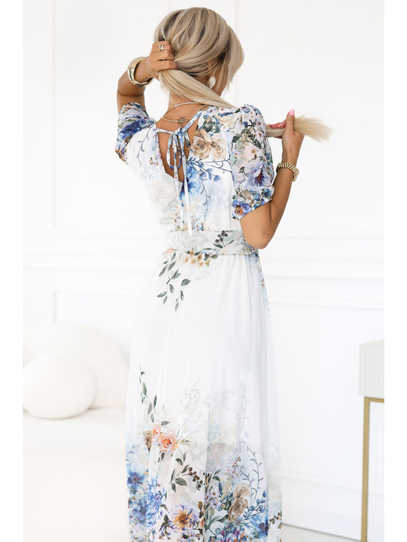 numoco Vzdušné maxi šaty CELINA s výstrihom do V, páskom a kvetinovým ombré vzorom