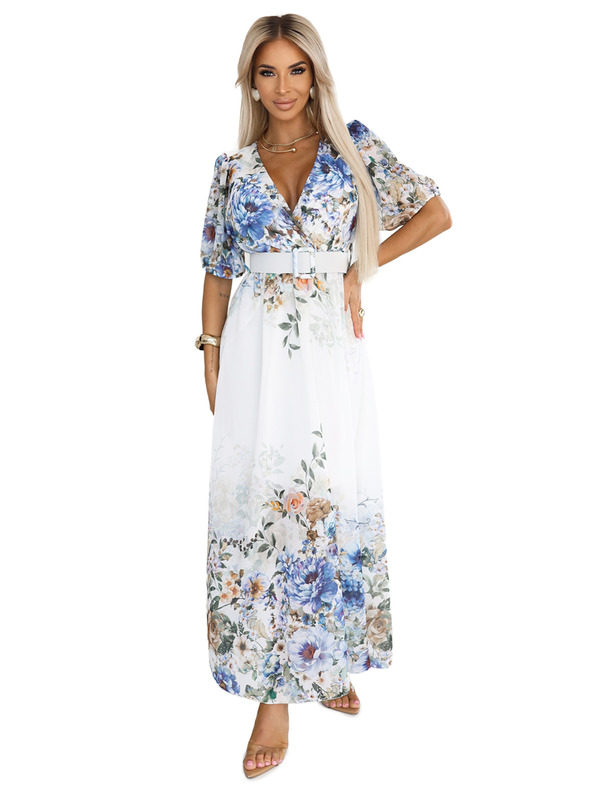 numoco Vzdušné maxi šaty CELINA s výstrihom do V, páskom a kvetinovým ombré vzorom