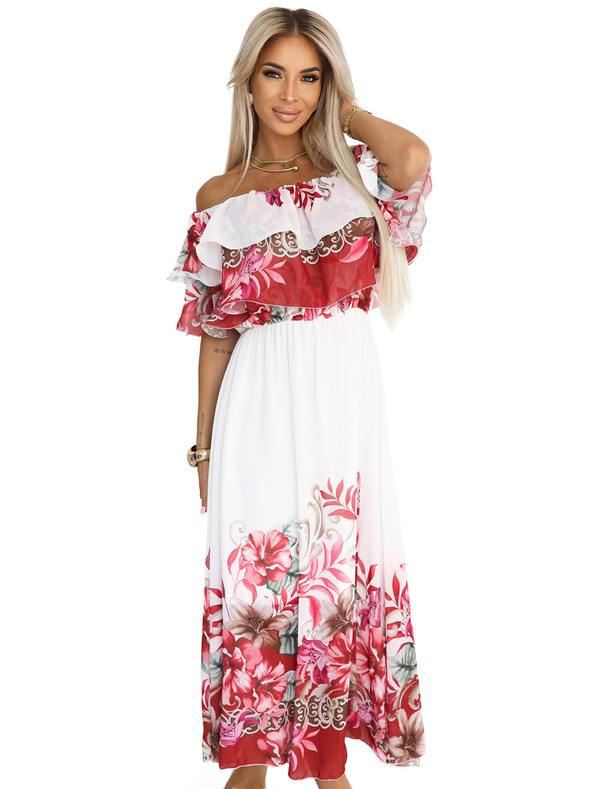 numoco Dlhé letné šaty s kvetinovým červeným ombré vzorom