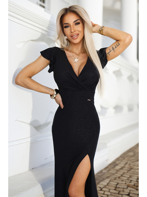numoco Oslnivé dlhé čierne šaty IRINA so trblietkami, zavinovacím výstrihom a rozparkom
