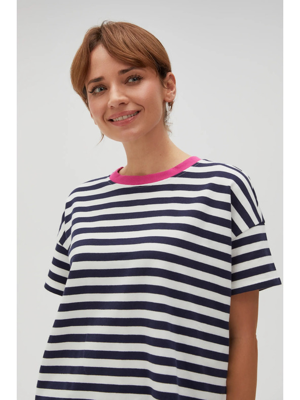 Moodo Modro-biele pruhované tričko s ružovým golierom