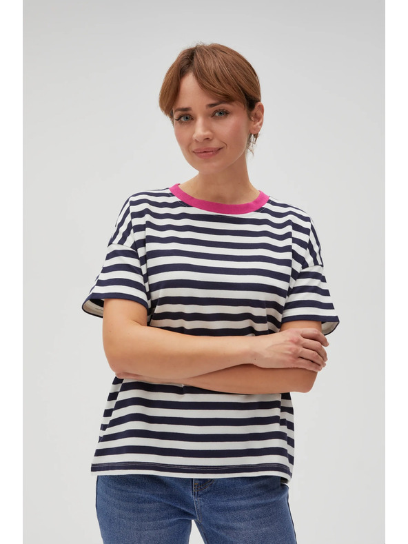 Moodo Modro-biele pruhované tričko s ružovým golierom
