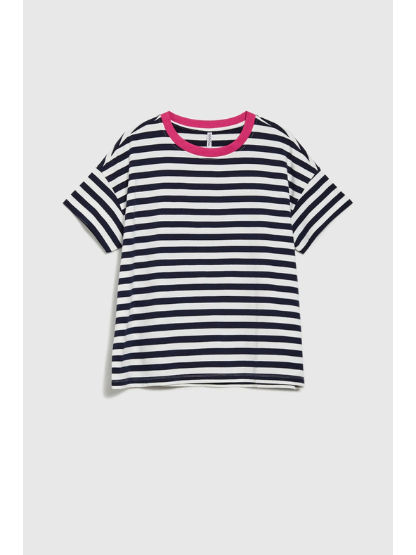 Moodo Modro-biele pruhované tričko s ružovým golierom